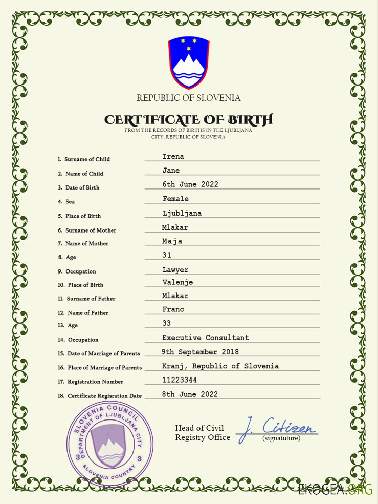 Modèle PSD de certificat de naissance de Slovénie